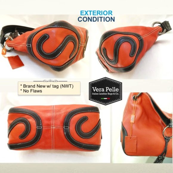 VERA PELLE Orange Leather Shoulder Satchel Bag Brown Trim Flaps w/ Tassels Zips - Picture 9 of 10